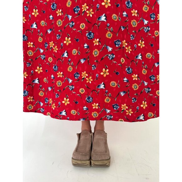 90s vintage red novelty floral print cottage kitschy ribbed casual maxi dress - Picture 7 of 9